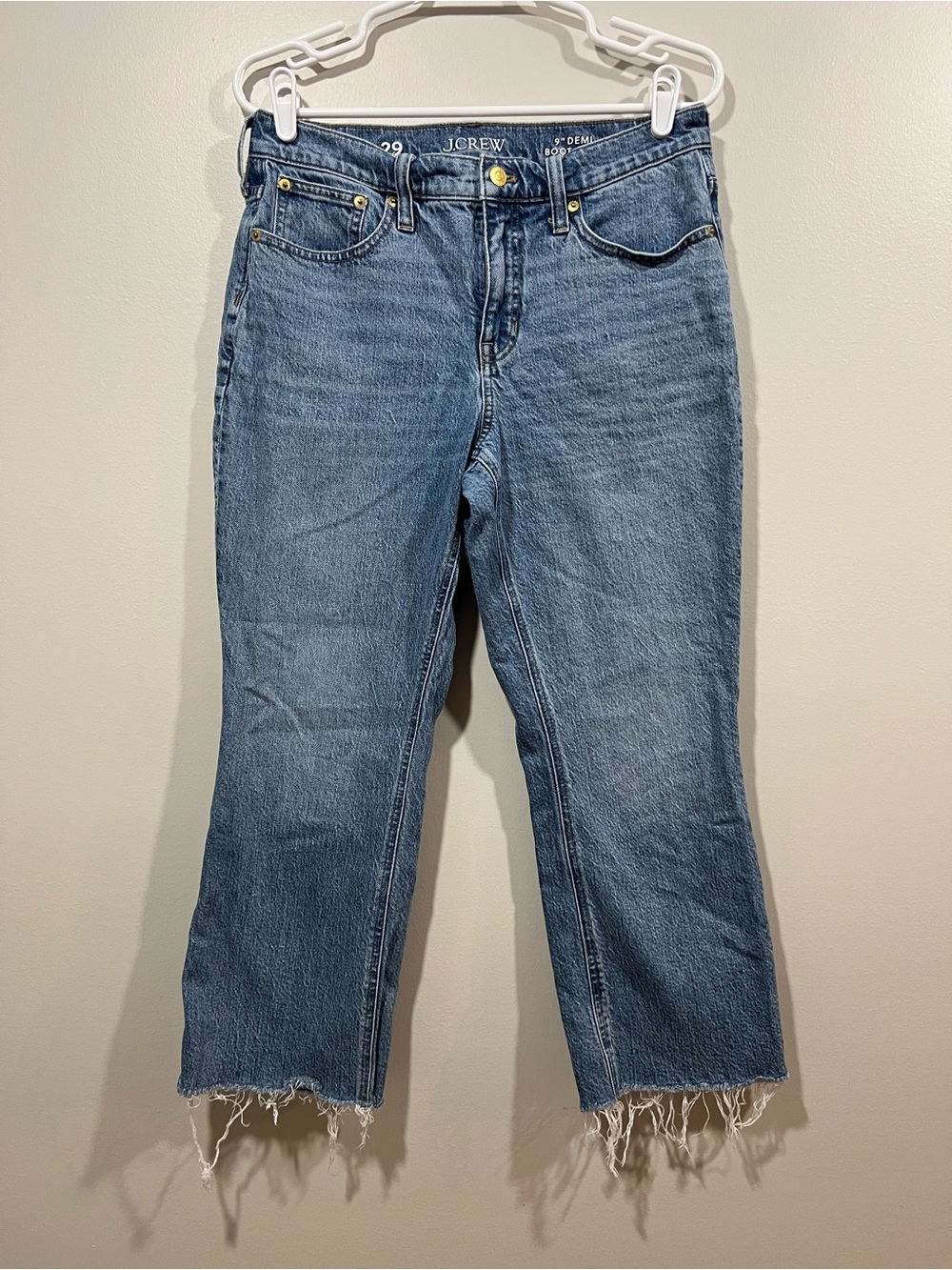 J. Crew Demi Boot Cut Cropped Raw-Hem Jeans in Medium Blue Size 29